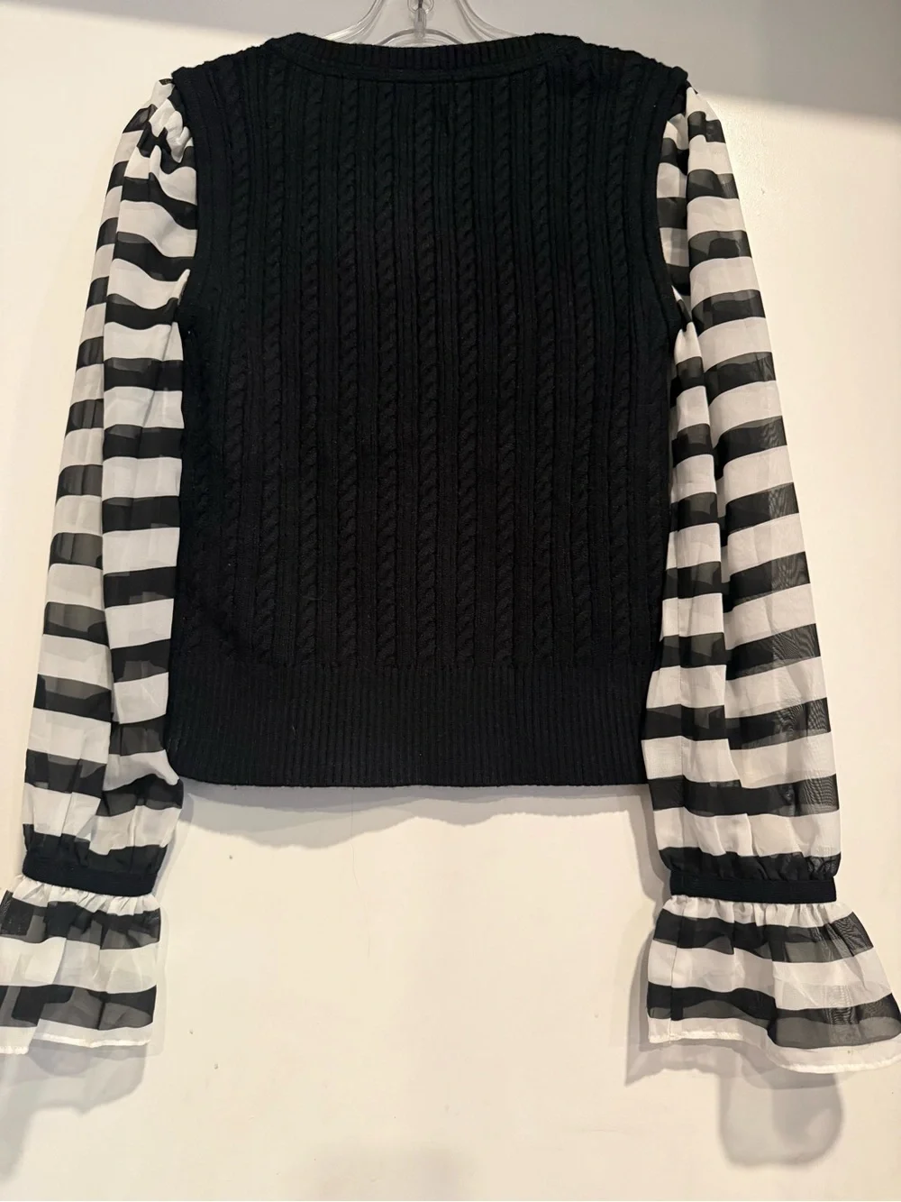 Maeve Anthropologie Women's Black Sheer Striped Puff Sleeve Cable Sweater SP